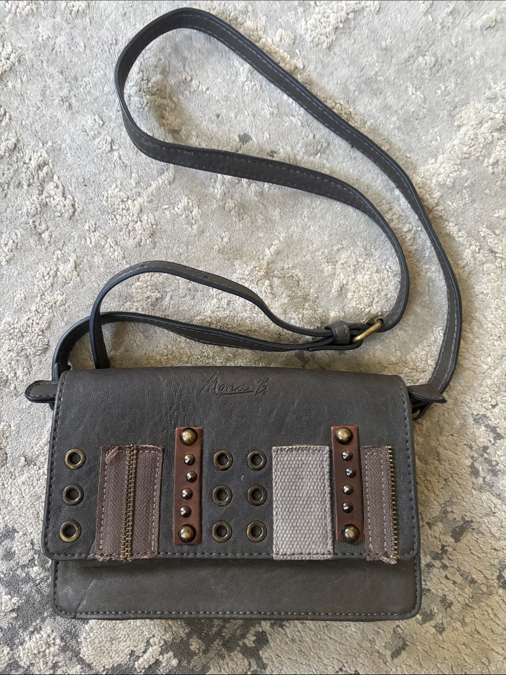 Mona B Dark Gray Leather Messenger Bag with Brown Accents